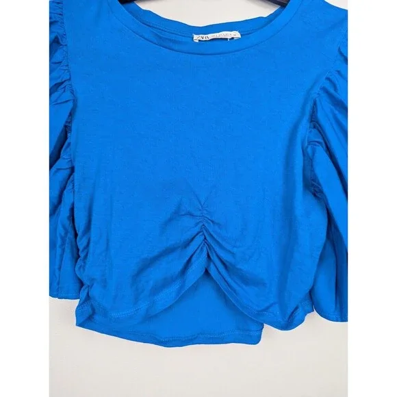 ZARA Women Cobalt Blue Exaggerated Sleeve Crop Top S Short Puff Sleeve‎ Rouched - Picture 4 of 10